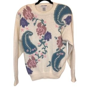 Vintage Alfred Dunner Sweater Size L Paisley Floral Knit Pullover Cottage Granny